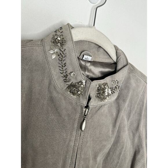 Pamela McCoy 100% Suede Leather Gray Beaded Sequin Zip Jacket Size Large - Picture 4 of 13